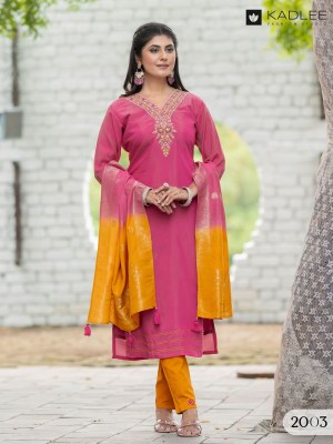 Nimaya By Kadlee Thread Handwork Straight Kurti pant and dupatta catalogue at affordable rate  readymade suit catalogs