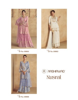 Nusrat by Aashirwad real georgette premium embroidered sharara suit catalogue fancy sharara suit Catalogs