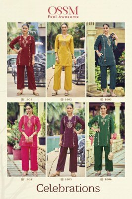 OSSM Celebrations Festive Viscos Roman Silk Heavy Embroidery Work Suit with Pant Pocket Wholesale co ord set catalogs