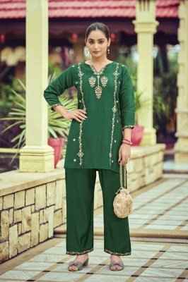 OSSM Celebrations Festive Viscos Roman Silk Heavy Embroidery Work Suit with Pant Pocket Wholesale co ord set catalogs