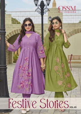 OSSM Festive Stories Vol 05 Roman Silk Heavy Embroidery with Flair, Premium Viscose Roman Silk, Kurti with Inner, Chanderi Jacquard Dupatta Wholesale wholesale catalogs