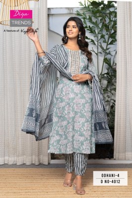 Odhani 4001 to 4016 by Diya Trends printed Cotton kurti pant with dupatta collection on wholesale price readymade suit catalogs