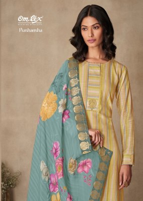 Om tex by Prashansha muslin linen digital printed with embroidered unstitched dress material catalogue at low rate Om Tex 