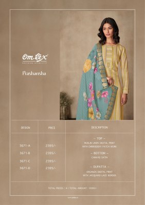 Om tex by Prashansha muslin linen digital printed with embroidered unstitched dress material catalogue at low rate dress material catalogs