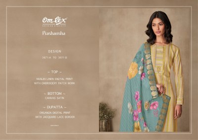 Om tex by Prashansha muslin linen digital printed with embroidered unstitched dress material catalogue at low rate dress material catalogs