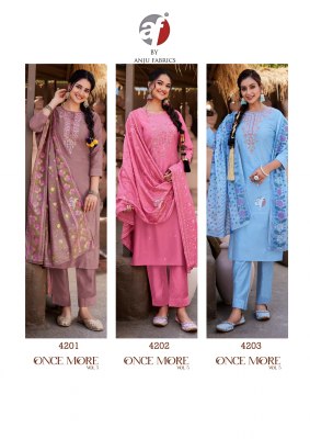 Once more vol 5 by Anju fabric Exclusive kurti pant and dupatta at low rate readymade suit catalogs