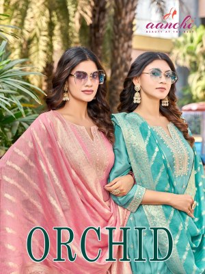 Orchid by Aanchi Pure Simmer 3 pcs set streigth kurti top with bottom collection wholesale catalogs