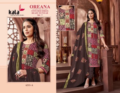 Oreana vol 7 by Kala heavy cotton printed with tie work readymade suit collection at low rate readymade suit catalogs