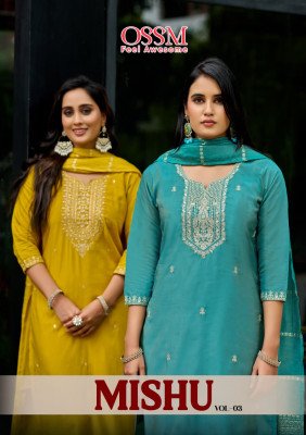 Ossm Mishu Vol 03 Fancy Collection Premium Roman Simmer Fabric Heavy Embroidery Pant Pocket Kurti AndJacquard Dupatta Wholesale kurtis catalogs