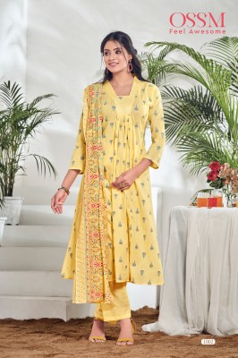 Ossm Summer Shades Pure Cotton Printed A line V Neck Kurti Pant Dupatta Set wholesale Rate In India  readymade suit catalogs