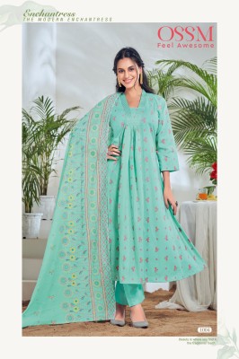 Ossm Summer Shades Pure Cotton Printed A line V Neck Kurti Pant Dupatta Set wholesale Rate In India  readymade suit catalogs