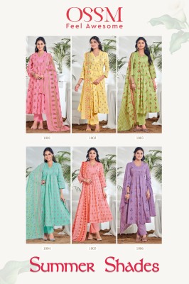 Ossm Summer Shades Pure Cotton Printed A line V Neck Kurti Pant Dupatta Set wholesale Rate In India  readymade suit catalogs