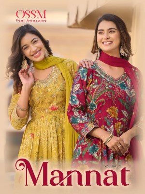 Ossm by Mannat premium foil printed embroidered kurti pant with dupatta cataloue at wholesale price Ossm Kurti catalogue