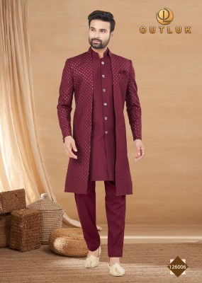 Outluk Vol 126 Heavy Art Silk Mans Jacket and Pyjama set catalogue wholesaler supplier  readymade suit catalogs