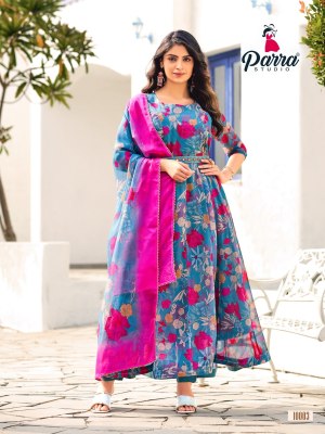 Parra Studio by sangam soft digital printed organza anarkali kurti pant and dupatta at affordable rate kurtis catalogs