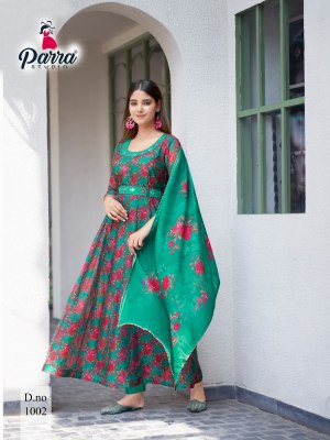 Parra Studio present Soft organza digital printed long kurti pant and dupatta catalogue at low rate readymade suit catalogs