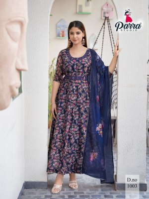 Parra Studio present Soft organza digital printed long kurti pant and dupatta catalogue at low rate readymade suit catalogs