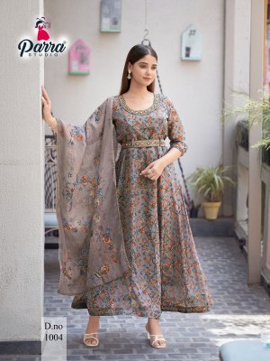 Parra Studio present Soft organza digital printed long kurti pant and dupatta catalogue at low rate readymade suit catalogs