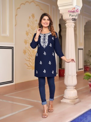 Parul by Aanchi kurti fancy reyon neck embroidered western wear top catalogue at low rate western wear catalogs
