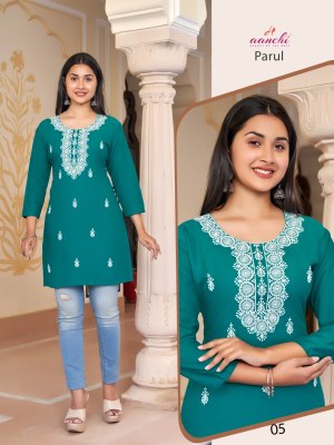 Parul by Aanchi kurti fancy reyon neck embroidered western wear top catalogue at low rate western wear catalogs