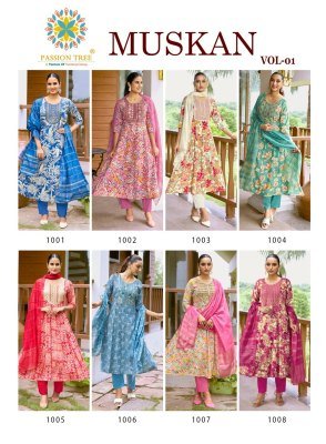 Passion Tree Muskan Vol 1 Heavy Printed Reyon Anarkali Top  Pant And Dupatta with Fancy Embroidery  Work Wholesale fancy Anarkali suit catalogs