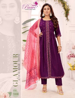 Pavi by Vani heavy roman silk flred front cut kurti pant with dupatta catalogue at low rate readymade suit catalogs