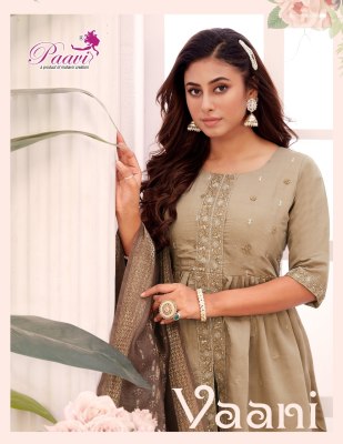 Pavi by Vani heavy roman silk flred front cut kurti pant with dupatta catalogue at low rate readymade suit catalogs