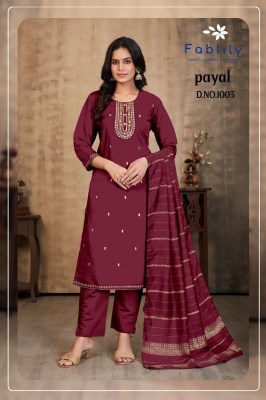 Payal by Fablily Pure Roman Silk Embroidered top bottom with dupatta catalogue at affordable rate readymade suit catalogs