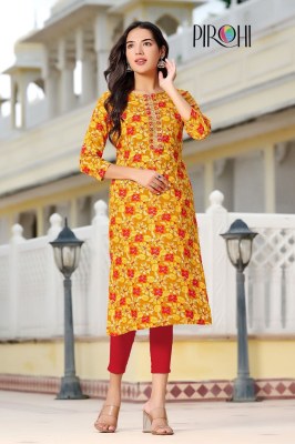 Pirohi presented siri reyon foil printed embroidered kurti catalogue at low rate kurtis catalogs