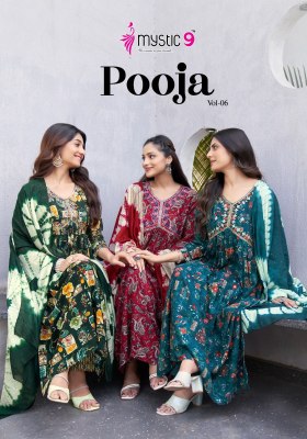 Pooja vol 6 by Mystic 9 Heavy reyon Foil printed readymade suit catalogue at affordable rate Mystic 9