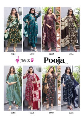 Pooja vol 6 by Mystic 9 Heavy reyon Foil printed readymade suit catalogue at affordable rate readymade suit catalogs