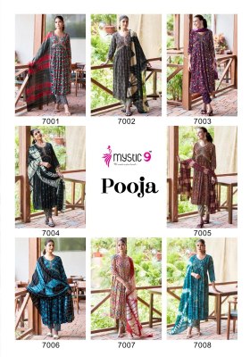 Pooja vol 7 by mystic 9 premium reyon foil printed readymade suit catalogue at affordable rate readymade suit catalogs