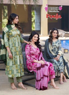 Pooja vol 9 by Mystic 9 Premium Quality reyon printed Aliya cut readymade suit collection with low price wholesale catalogs