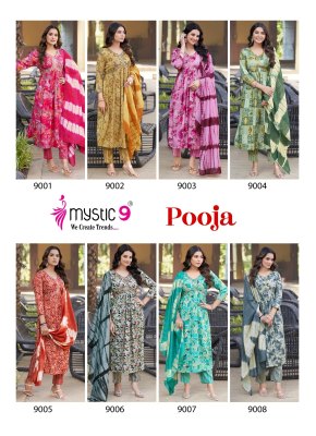 Pooja vol 9 by Mystic 9 Premium Quality reyon printed Aliya cut readymade suit collection with low price readymade suit catalogs