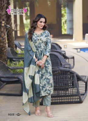 Pooja vol 9 by Mystic 9 Premium Quality reyon printed Aliya cut readymade suit collection with low price readymade suit catalogs