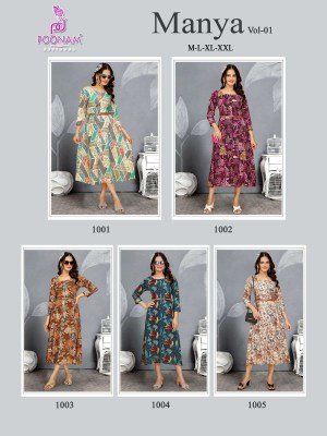 Poonam Designer  Manya Vol 01 Trendy Designer Rayon Gown with Leather Belt Wholesale kurtis catalogs