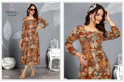 Poonam Designer  Manya Vol 01 Trendy Designer Rayon Gown with Leather Belt Wholesale kurtis catalogs