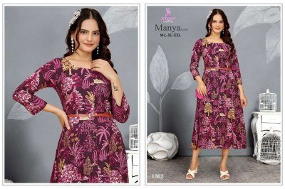 Poonam Designer  Manya Vol 01 Trendy Designer Rayon Gown with Leather Belt Wholesale kurtis catalogs