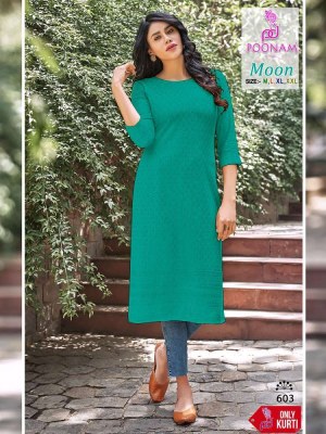 Poonam designer Moon heavy rayon schiffli work chikan Kurti wholesaler in Surat   kurtis catalogs