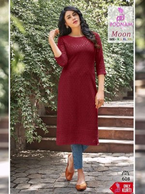 Poonam designer Moon heavy rayon schiffli work chikan Kurti wholesaler in Surat   kurtis catalogs