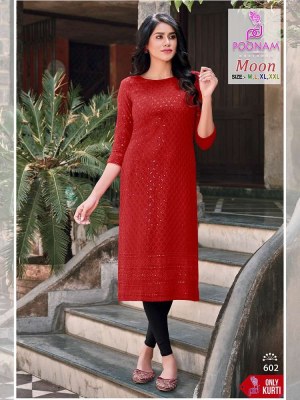 Poonam designer Moon heavy rayon schiffli work chikan Kurti wholesaler in Surat   kurtis catalogs