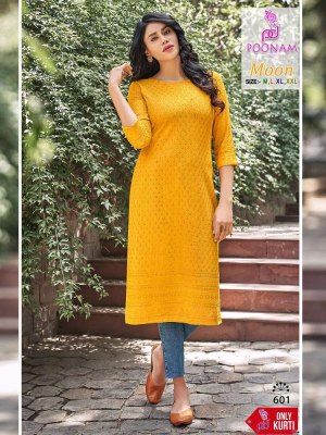 Poonam designer Moon heavy rayon schiffli work chikan Kurti wholesaler in Surat   kurtis catalogs