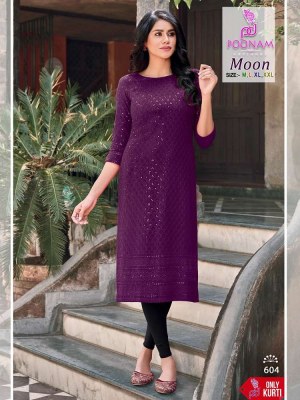 Poonam designer Moon heavy rayon schiffli work chikan Kurti wholesaler in Surat   kurtis catalogs