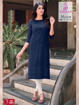 Poonam designer Moon heavy rayon schiffli work chikan Kurti wholesaler in Surat   kurtis catalogs