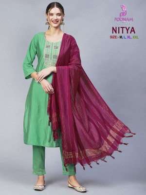 Poonam designer nitya Cotton blend Kurti pants and dupatta set wholesale Kurti catalogue  kurtis catalogs