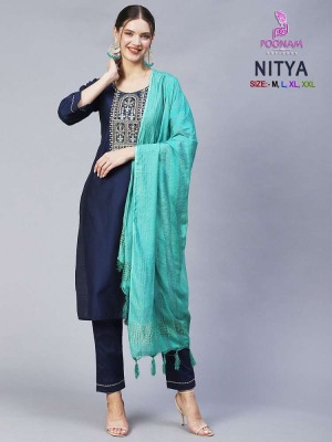 Poonam designer nitya Cotton blend Kurti pants and dupatta set wholesale Kurti catalogue  kurtis catalogs