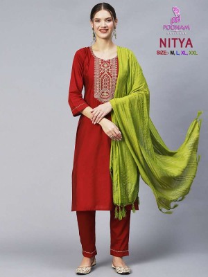 Poonam designer nitya Cotton blend Kurti pants and dupatta set wholesale Kurti catalogue  kurtis catalogs