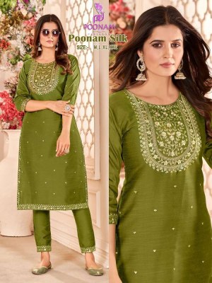 Poonam designer poonam silk embroidery work Kurti with pants set collection  kurtis catalogs