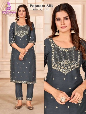 Poonam designer poonam silk embroidery work Kurti with pants set collection  kurtis catalogs