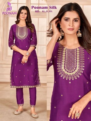 Poonam designer poonam silk embroidery work Kurti with pants set collection  kurtis catalogs